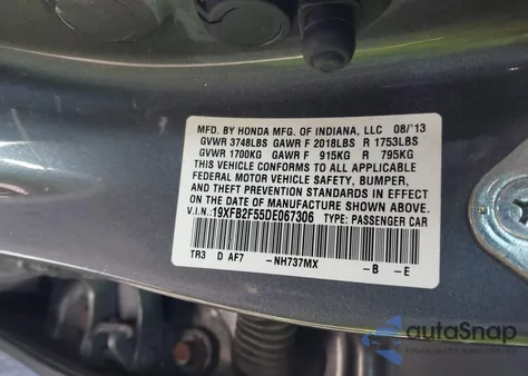 2013 Honda Civic Lx from USA, damaged, VIN 19XFB2F55DE067306